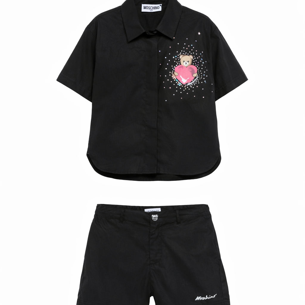 Set camicia e shorts per bambina Moschino Kids nero con motivo Teddy Bear HDG01LLLA10 60100 MOSCHINO KIDS