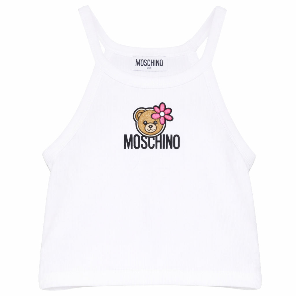 Top per bambina Moschino Kids bianca con stampa Teddy Bear con fiore HDM06ZLBA39 10101 MOSCHINO KIDS