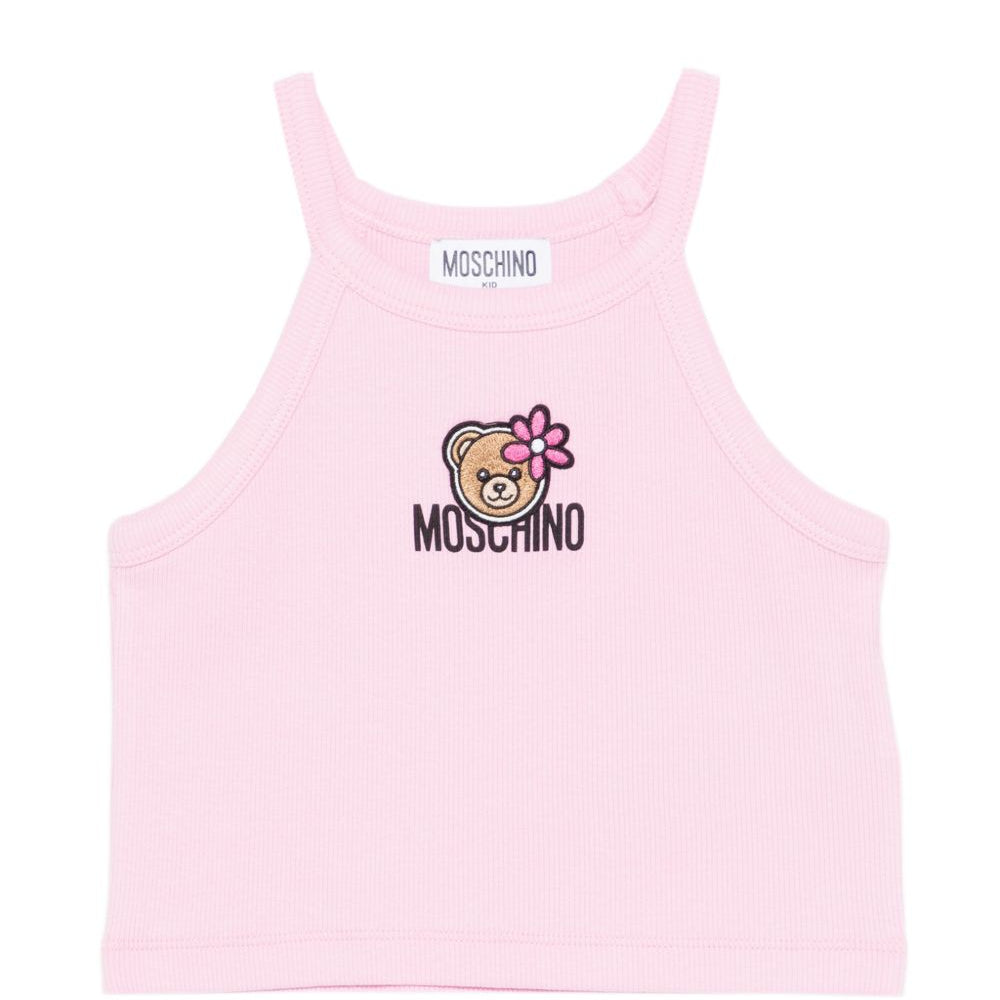 Top per bambina Moschino Kids rosa con stampa Teddy Bear con fiore HDM06ZLBA39 51473 MOSCHINO KIDS