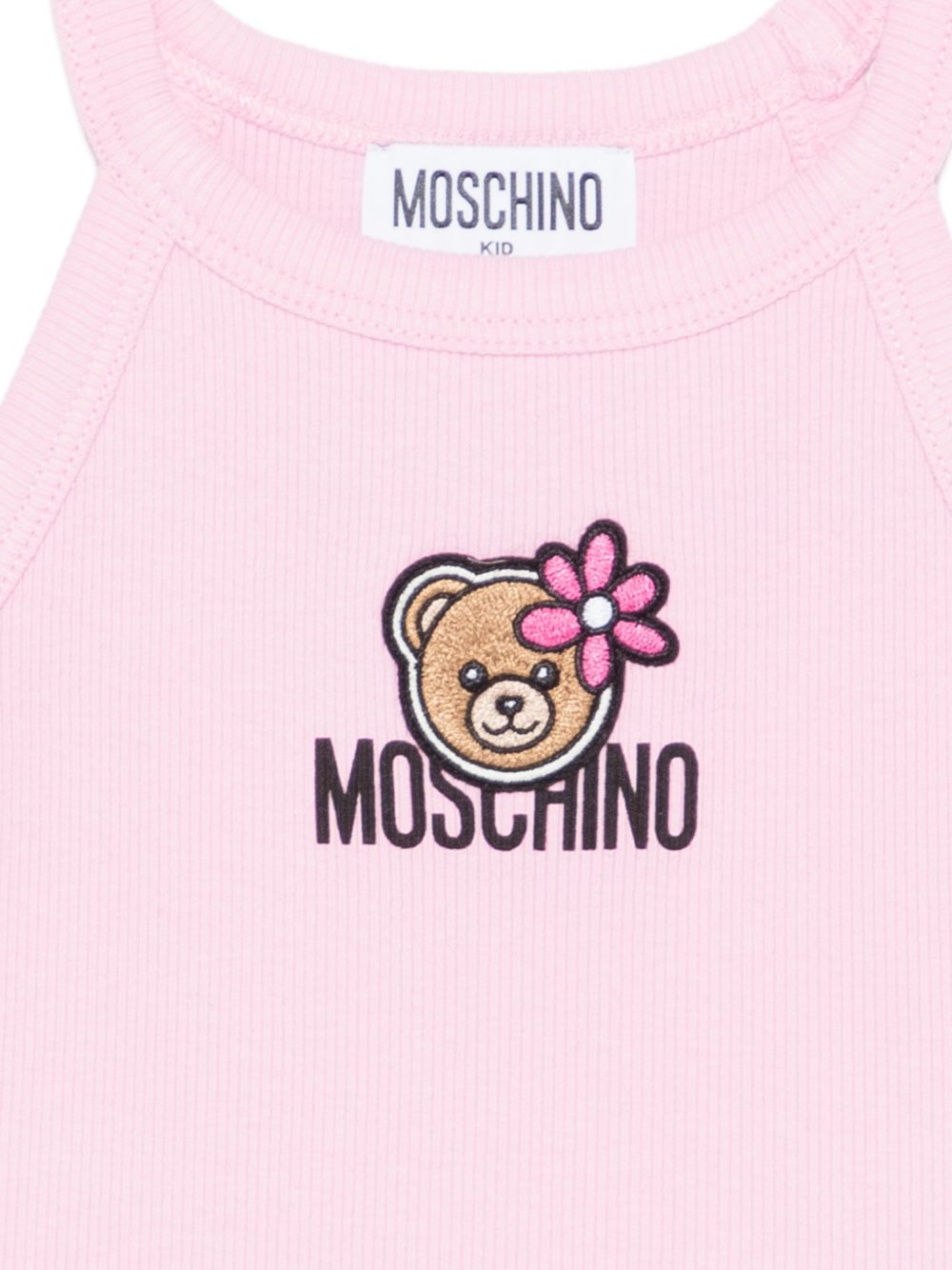 Top per bambina Moschino Kids rosa con stampa Teddy Bear con fiore HDM06ZLBA39 51473 MOSCHINO KIDS