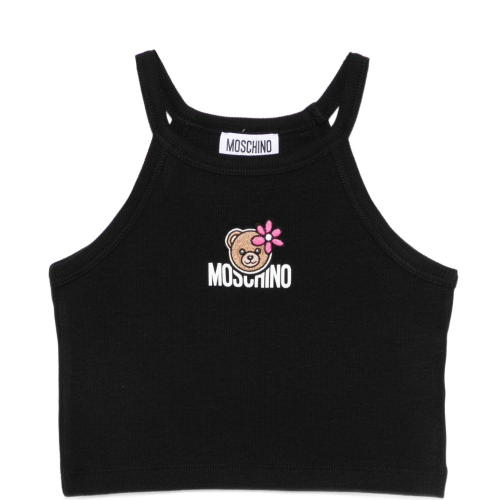 Top per bambina Moschino Kids nero con ricamo Teddy Bear HDM06ZLBA39 60100 MOSCHINO KIDS