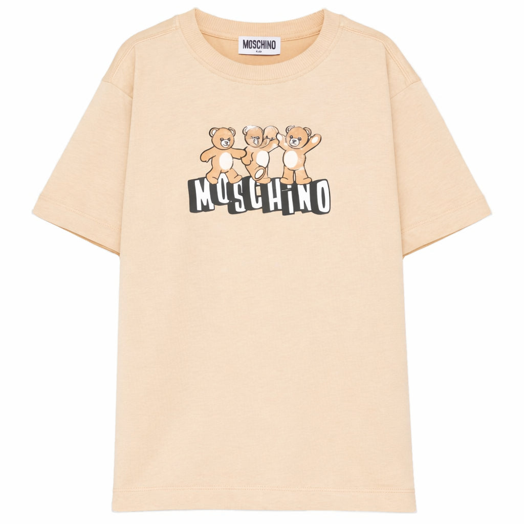 T-shirt per bambini Moschino Kids beige con stampa tre Teddy Bear HUM05PLAA23 20829 MOSCHINO KIDS