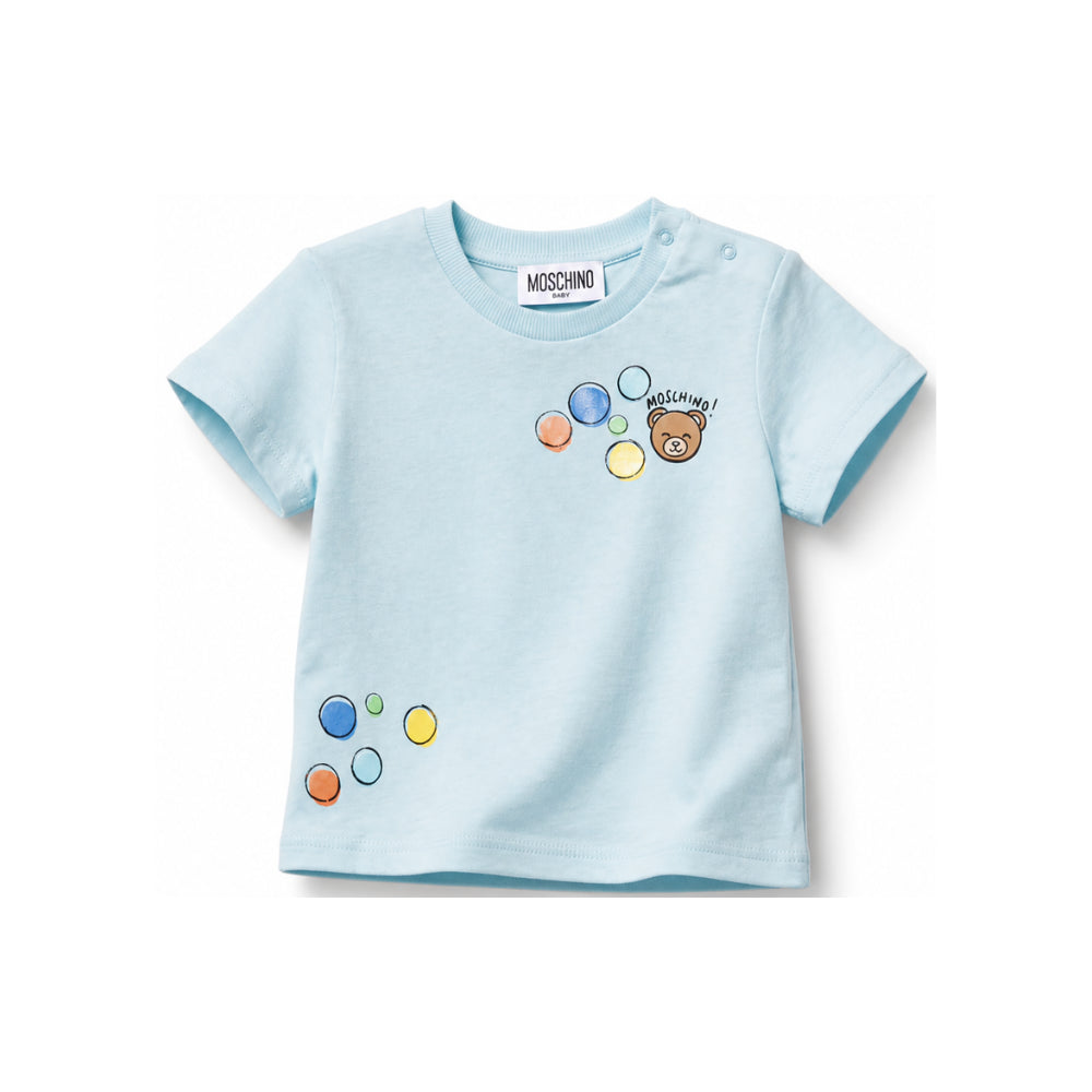 T-shirt per neonato Moschino Kids azzurra con stampa grafica M5M047LAA03 40304 MOSCHINO KIDS
