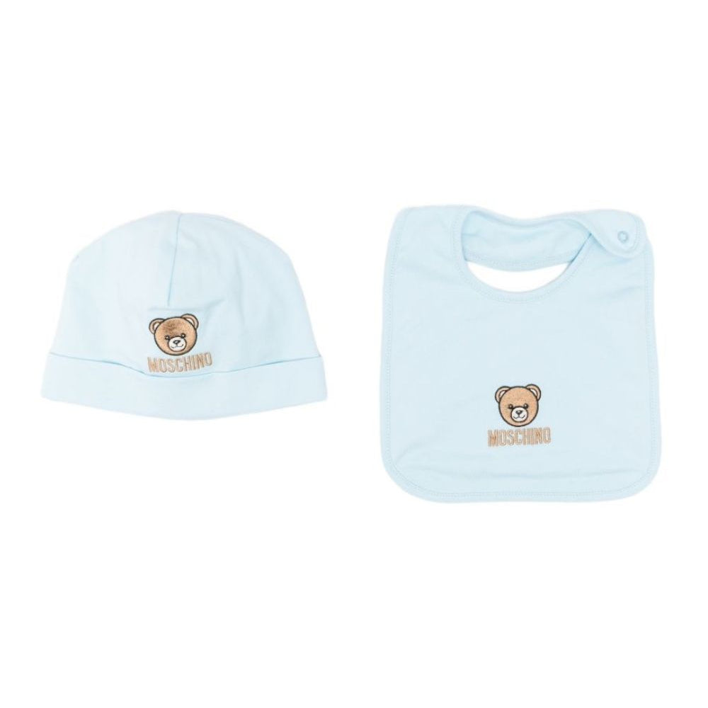 Set cappello e bavaglino per neonato Moschino Kids azzurro con ricamo Teddy Bear MRY03ELAA23 40304 MOSCHINO KIDS