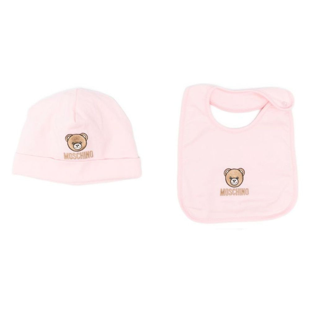 Set cappello e bavaglino per neonata Moschino Kids rosa con ricamo Teddy Bear MRY03ELAA23 50209 MOSCHINO KIDS