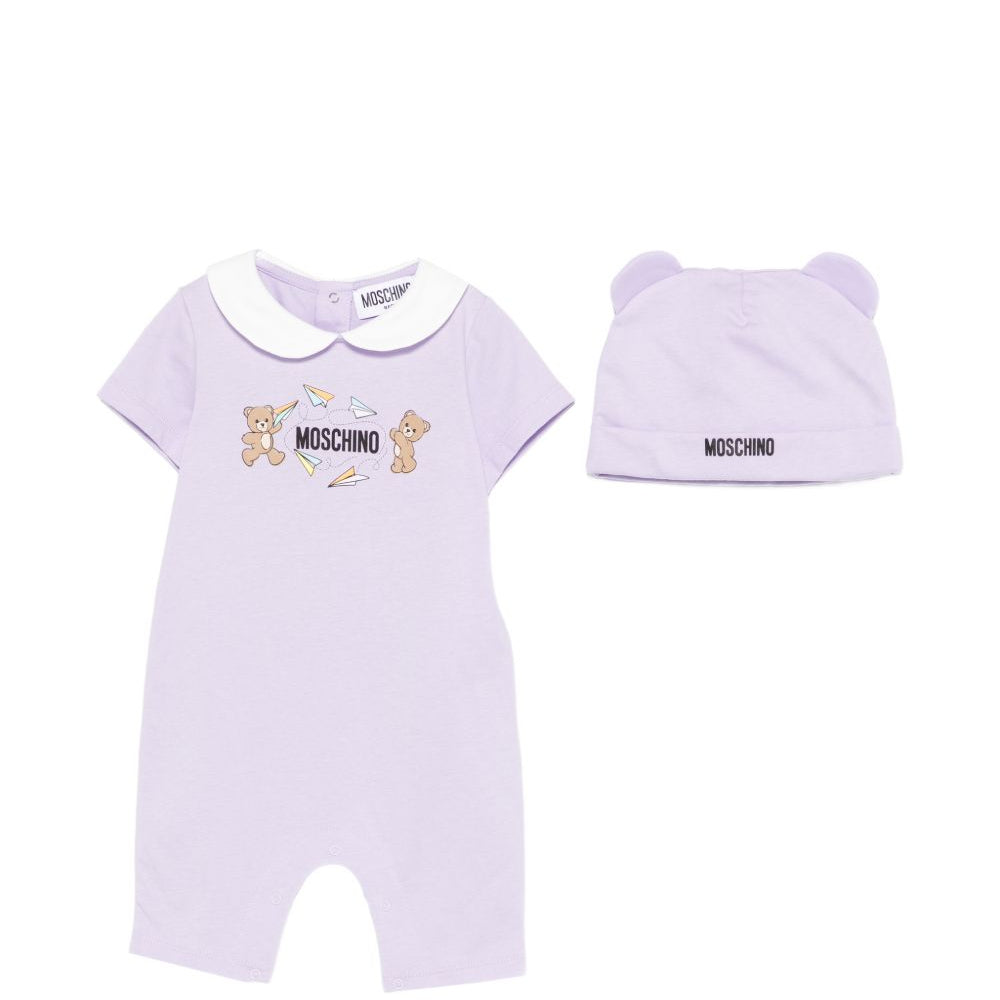 Set tutina e cappellino per neonata Moschino Kids lilla con stampa Teddy Bear MUY090LAA01 51683 MOSCHINO KIDS