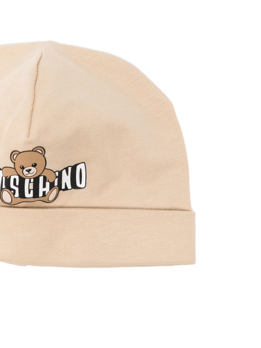 Set capellino e bavaglino per neonati Moschino Kids beige e bianco con stampa Teddy Bear MUY095LCA19 20829 MOSCHINO KIDS
