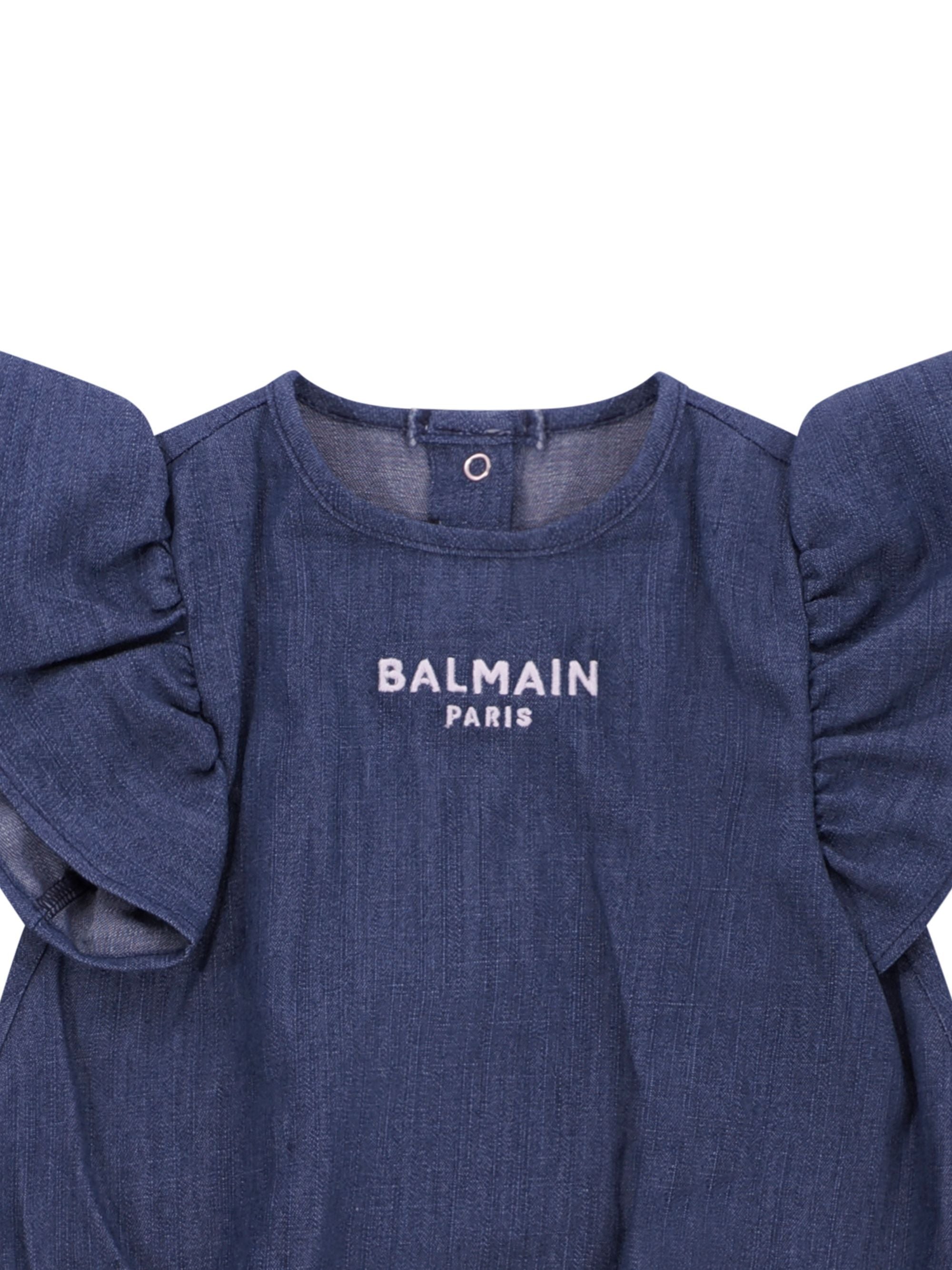Tutina per neonata Balmain Kids denim con maniche a ruches BYA032 P0588 625 BALMAIN KIDS