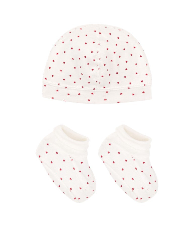 Set cuffietta e babbucce per neonati Petit Bateau bianco con stampa cuoricini all-over A0ARZ 00 PETIT BATEAU KIDS