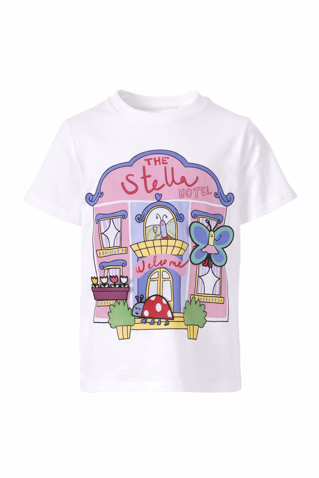 T-shirt per bambina Stella McCartney Kids bianca con scritta "The Stella Hotel" TY8A11 Z0434 101 STELLA McCARTNEY KIDS