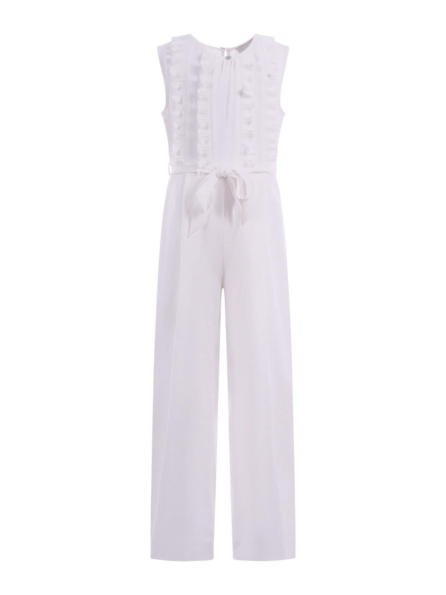 Abito modello tuta per bambina Monnalisa bianca con ruches e cintura - Rubino Kids