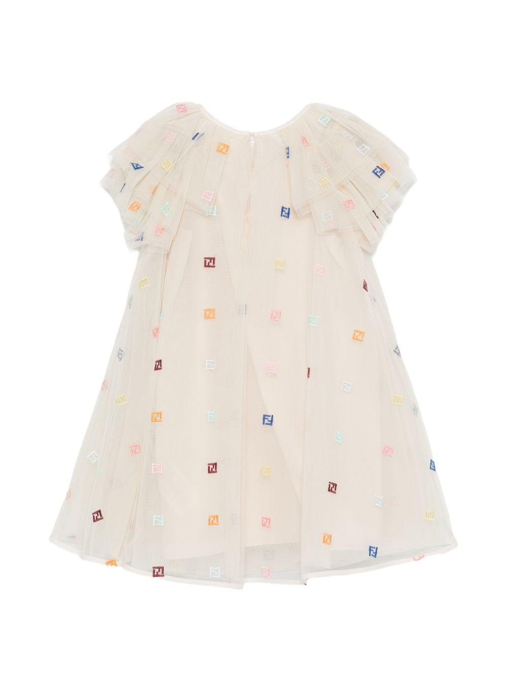 Abito per bambina Fendi Kids beige con ruches e logo - Rubino Kids