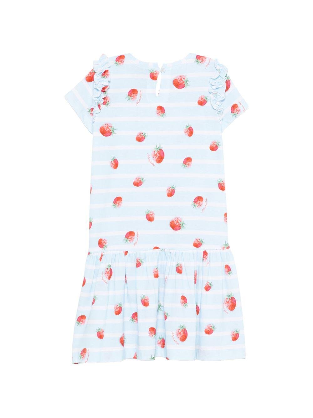 Abito per bambina Monnalisa azzurro con stampa fragole all - over - Rubino Kids