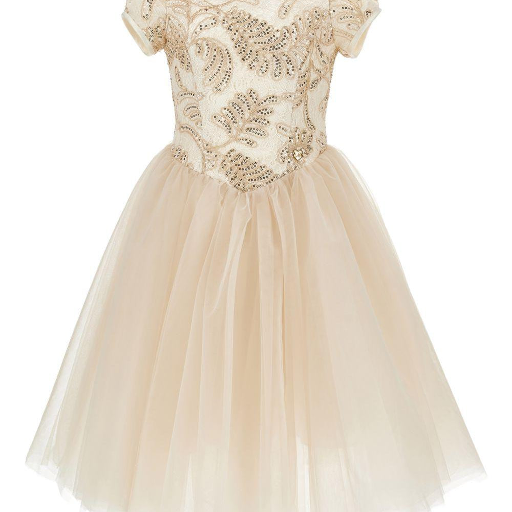 Abito per bambina Monnalisa beige con decorazione a paillettes - Rubino Kids