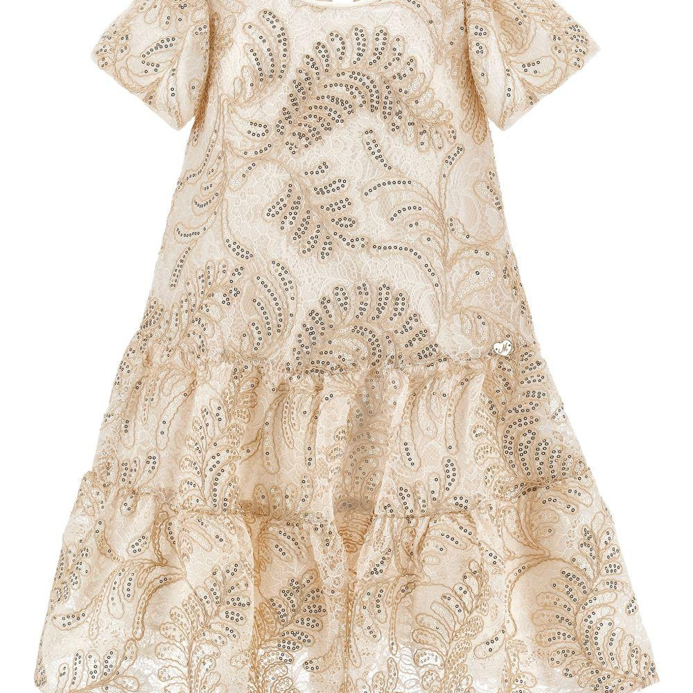 Abito per bambina Monnalisa beige con decorazione con paillettes - Rubino Kids