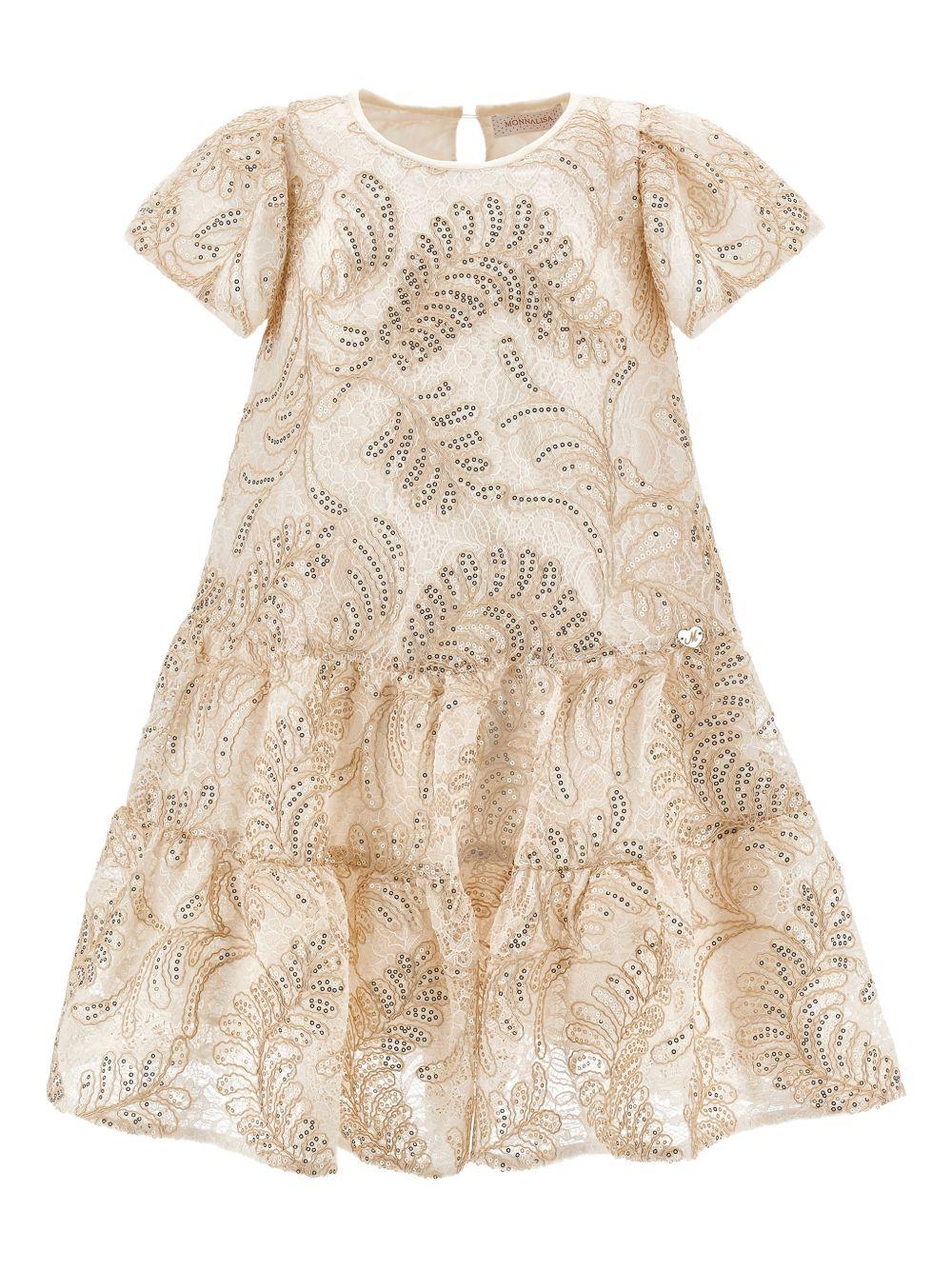 Abito per bambina Monnalisa beige con decorazione con paillettes - Rubino Kids