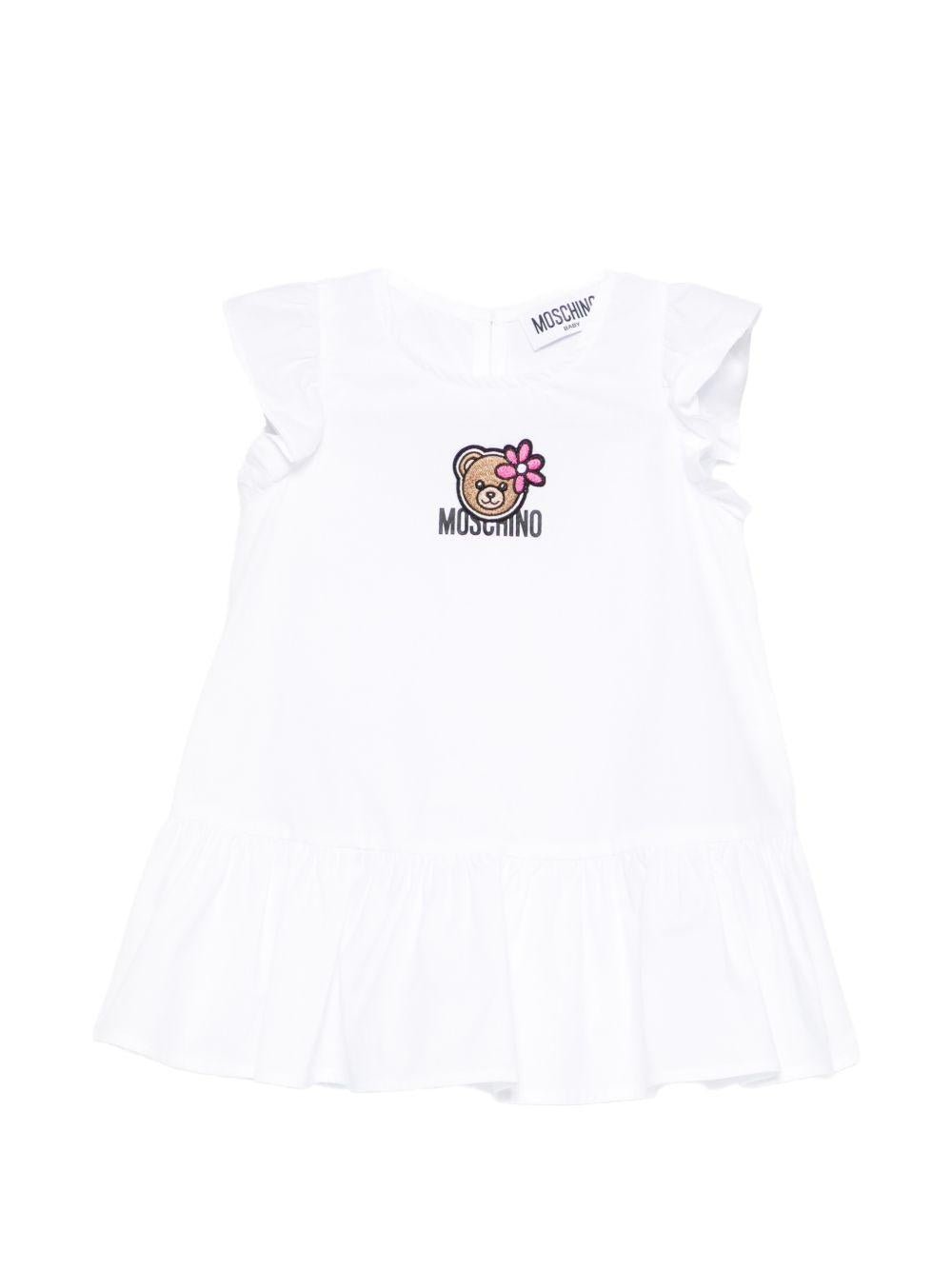Abito per neonata Moschino Kids bianco con ricamo Teddy Bear sul davanti - Rubino Kids