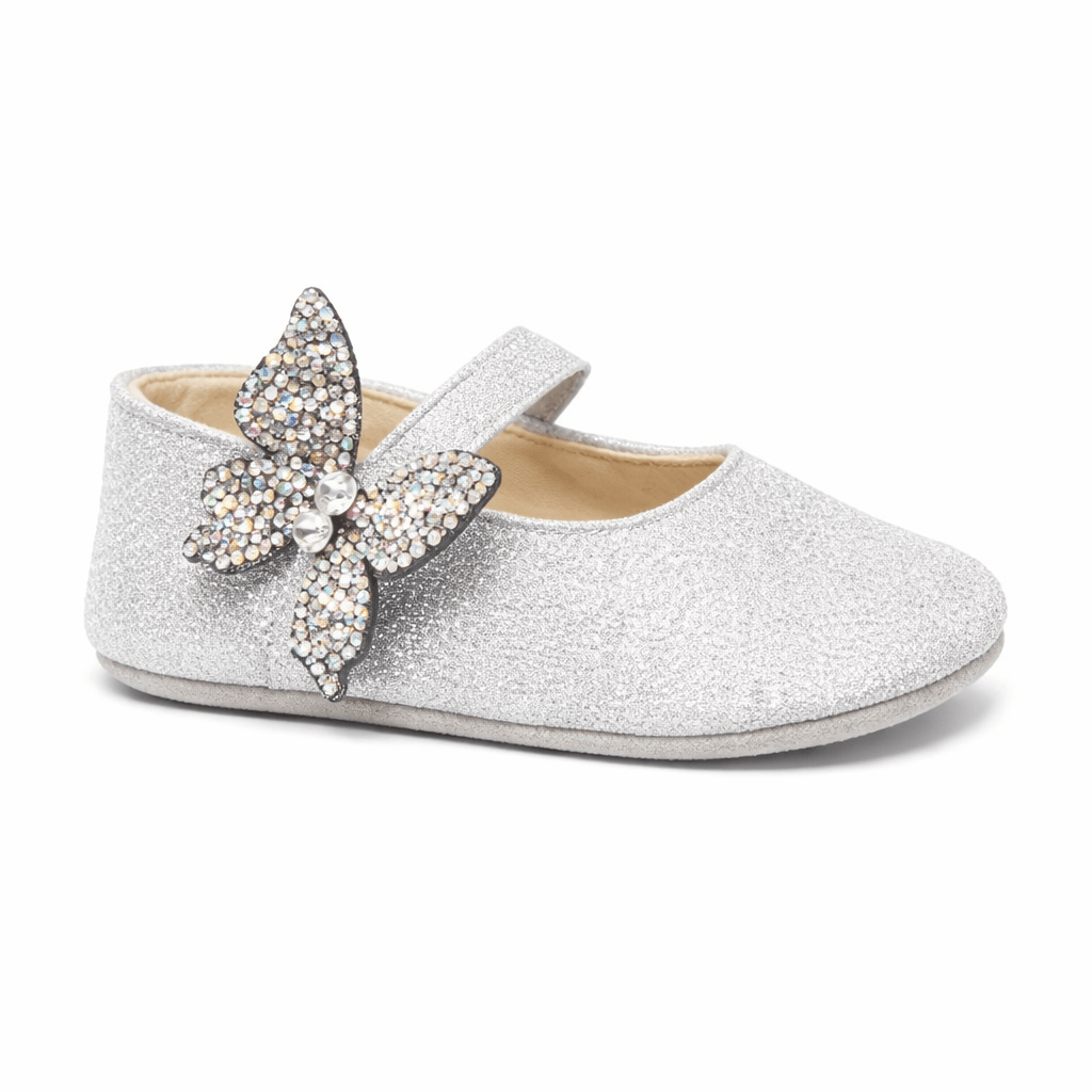 Ballerine per neonata BabyWalker argento con glitter e decorazione a farfalla - Rubino Kids