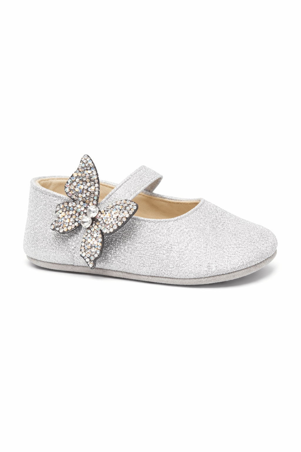 Ballerine per neonata BabyWalker argento con glitter e decorazione a farfalla - Rubino Kids
