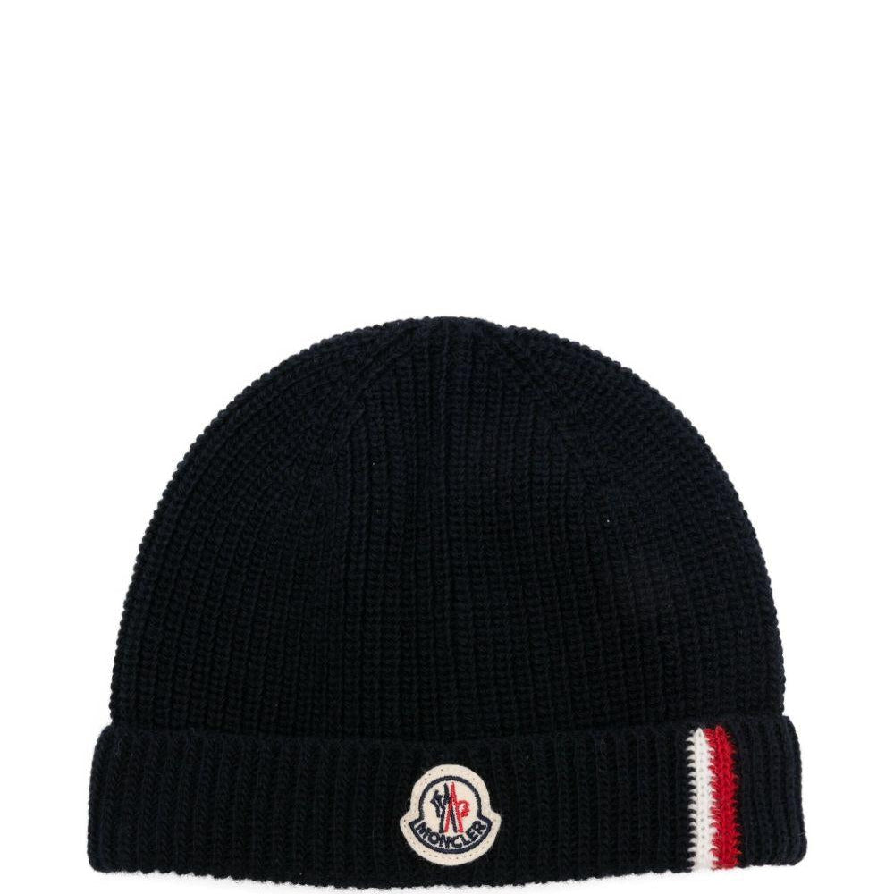 Berretto per neonato Moncler Enfant blu a coste con applicazione - Rubino Kids