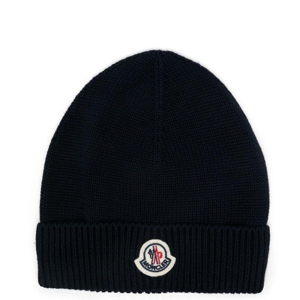 Berretto per neonato Moncler Enfant blu con ricamo toppa con logo sul davanti - Rubino Kids