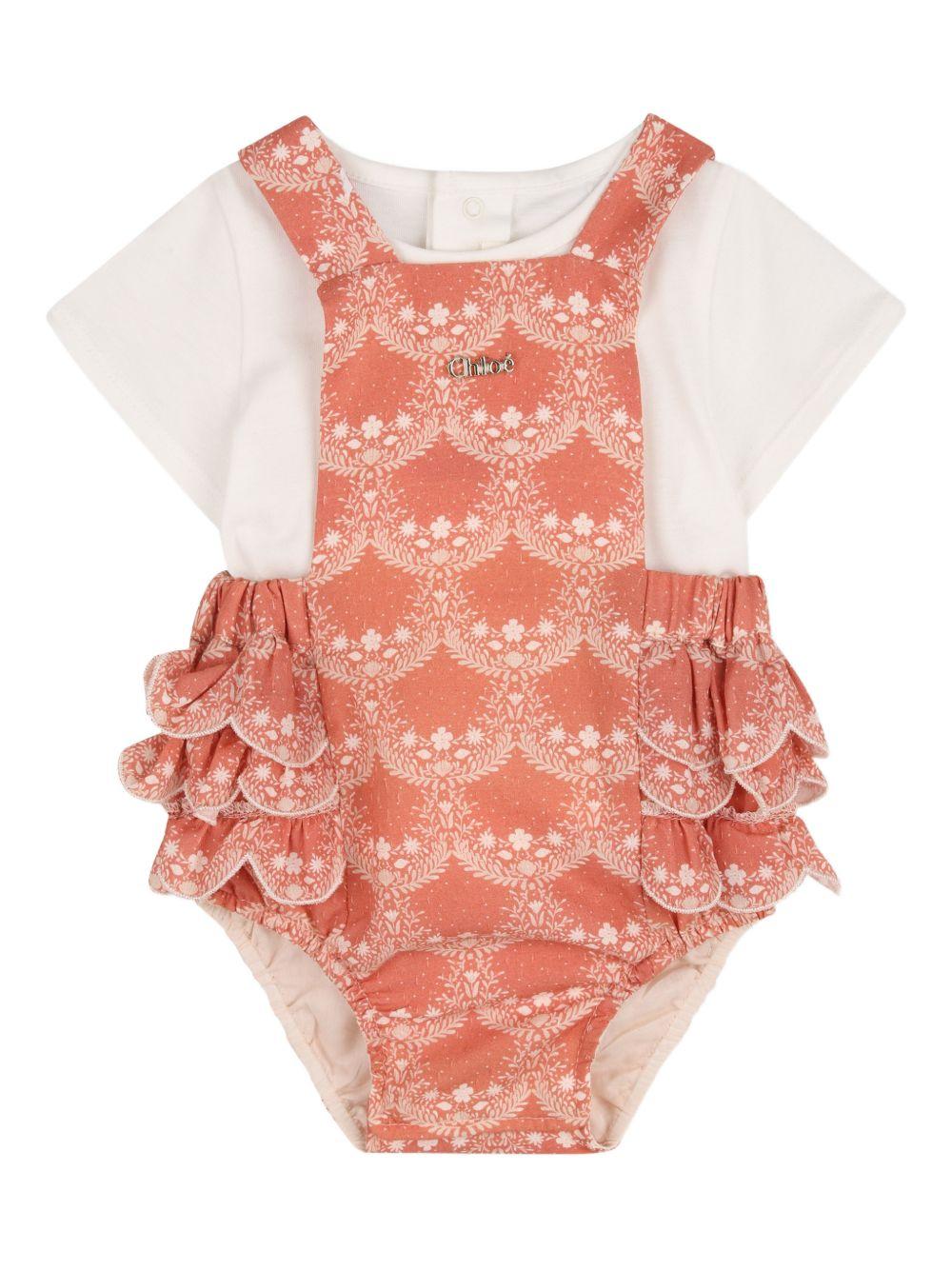 Body per neonata Chloé Kids arancione e bianco a fiori con ruches - Rubino Kids