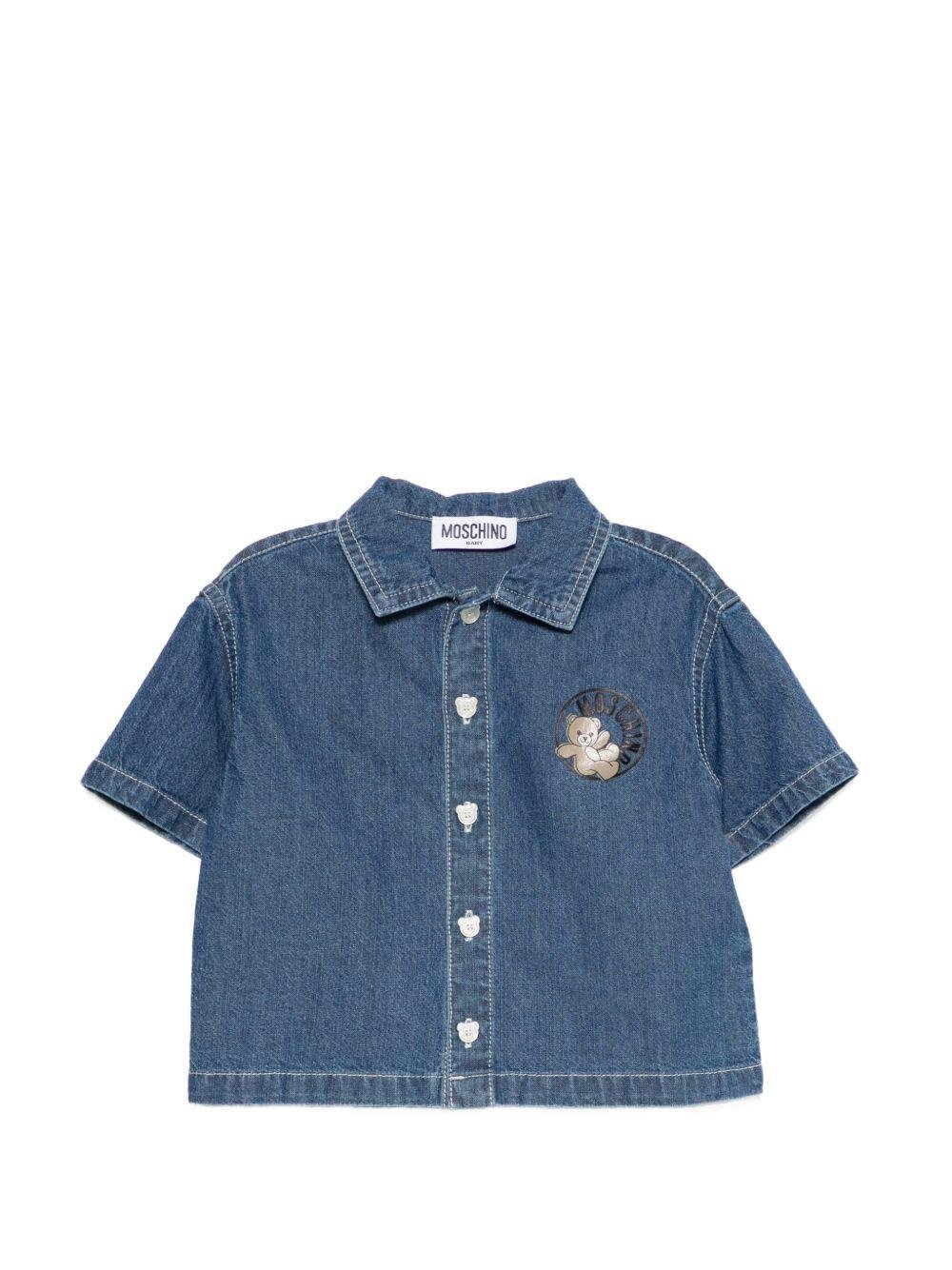 Camicia per neonato Moschino Kids denim con logo sul davanti - Rubino Kids