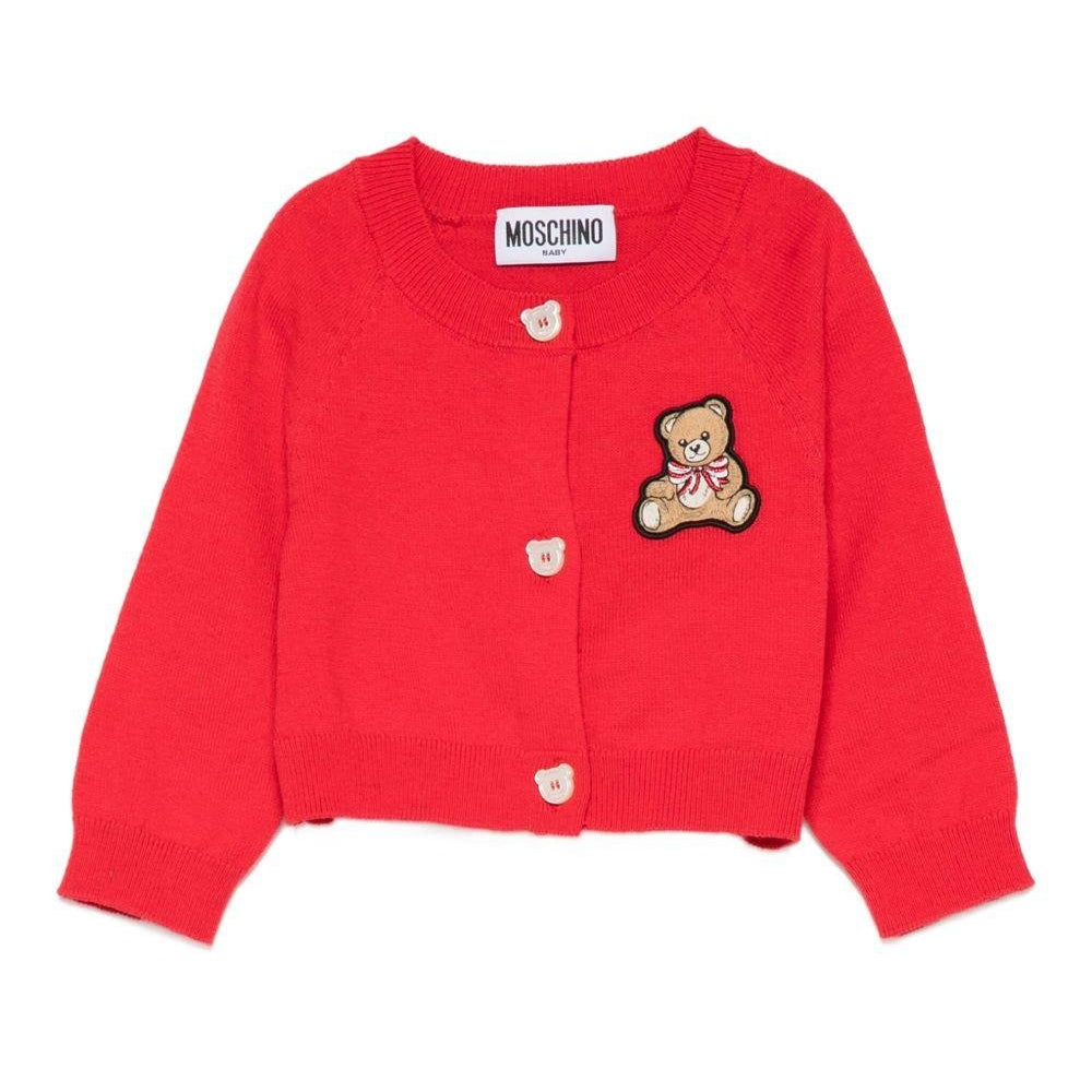 Cardigan per neonata Moschino Kids rosso con applicazione Teddy Bear - Rubino Kids