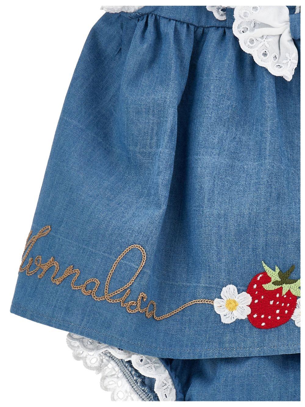 Completo 2 pezzi per neonata Monnalisa blu con ricamo con fragole - Rubino Kids