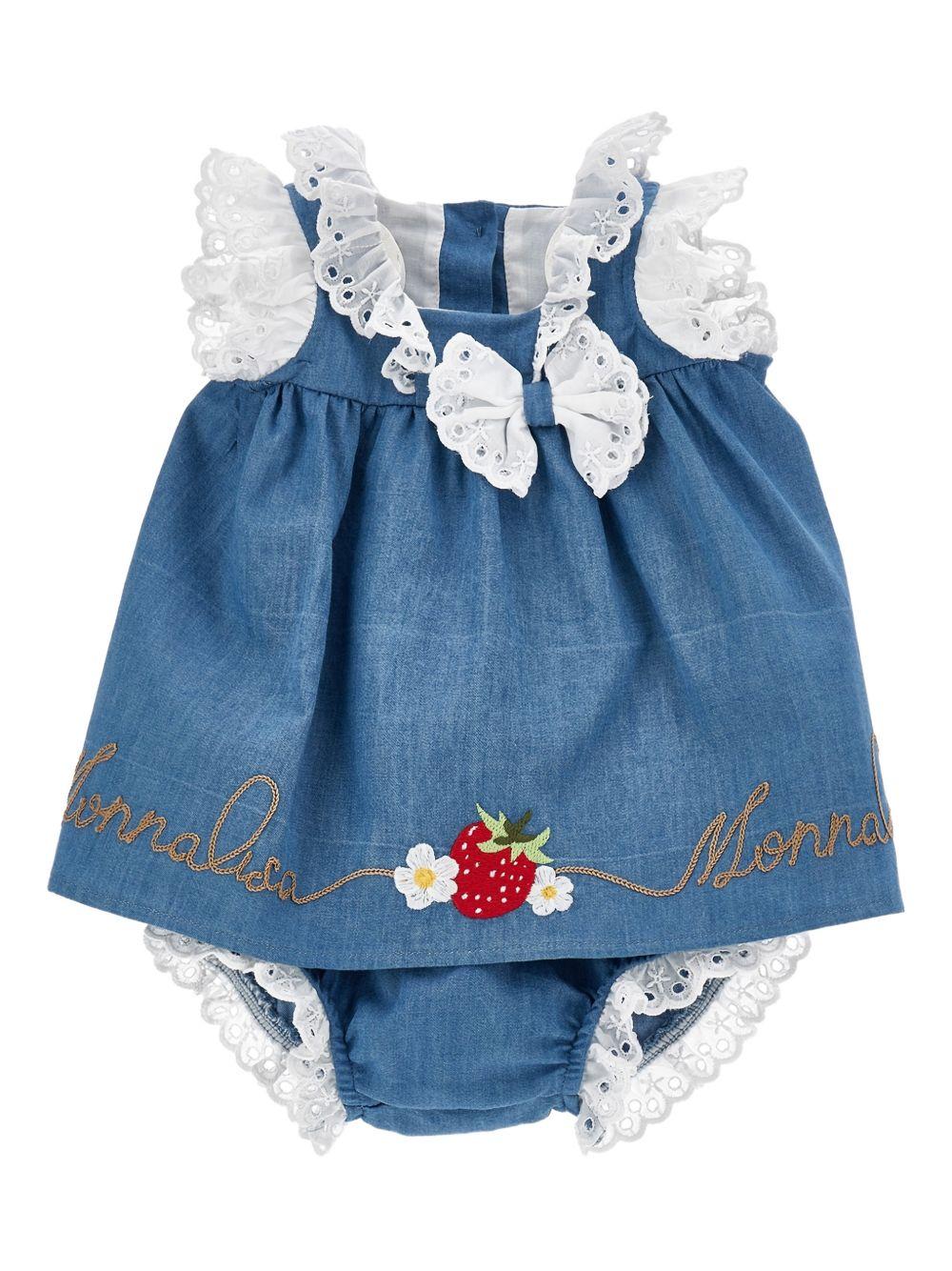 Completo 2 pezzi per neonata Monnalisa blu con ricamo con fragole - Rubino Kids