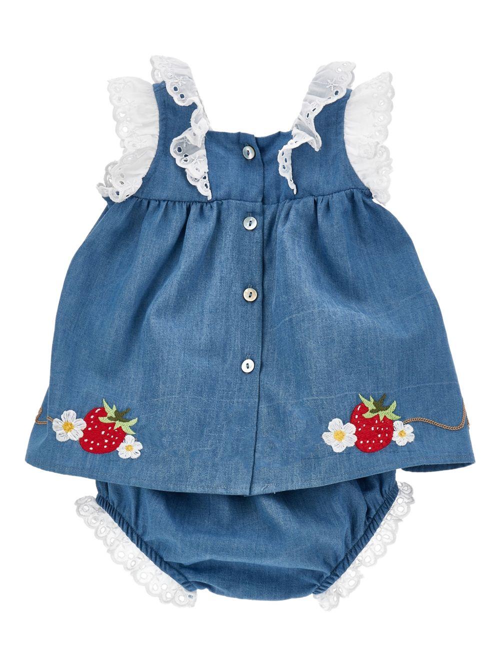Completo 2 pezzi per neonata Monnalisa blu con ricamo con fragole - Rubino Kids