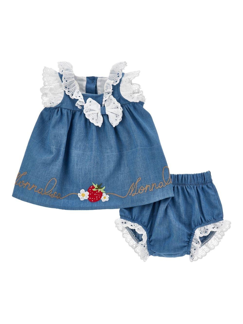 Completo 2 pezzi per neonata Monnalisa blu con ricamo con fragole - Rubino Kids
