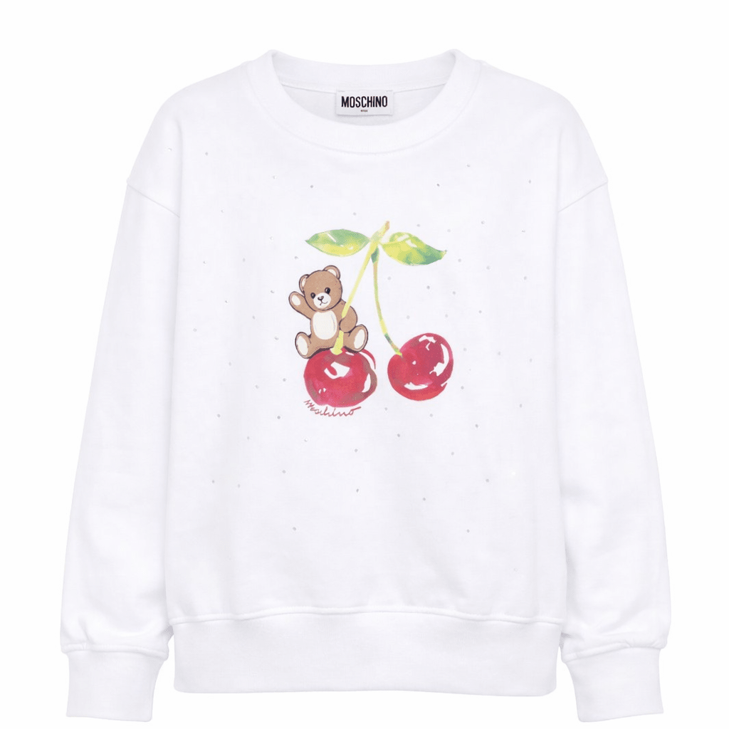 Felpa per bambina Moschino Kids bianca con grafica ciliegia - Rubino Kids