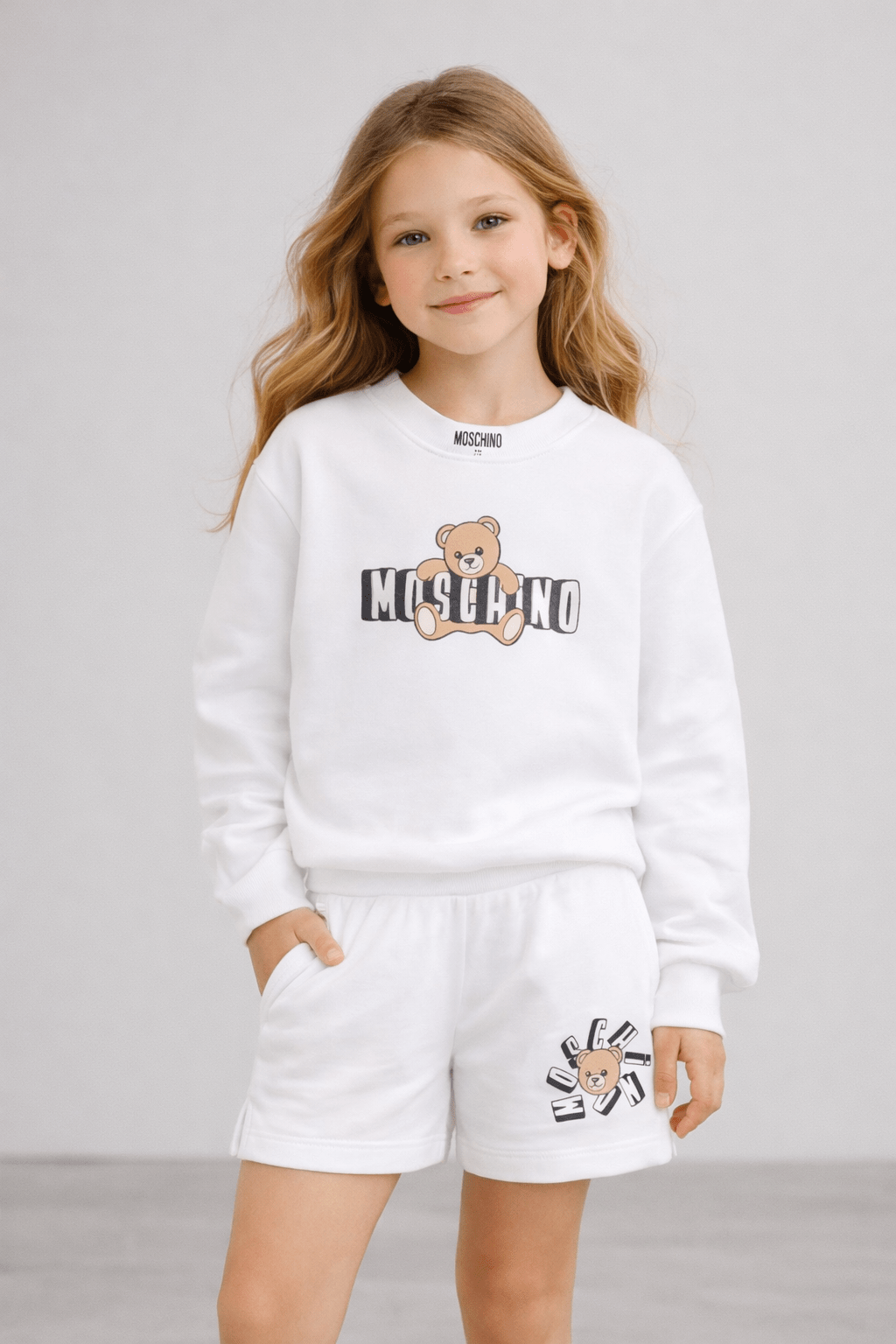 Felpa per bambini Moschino Kids bianca con stampa Teddy Bear - Rubino Kids