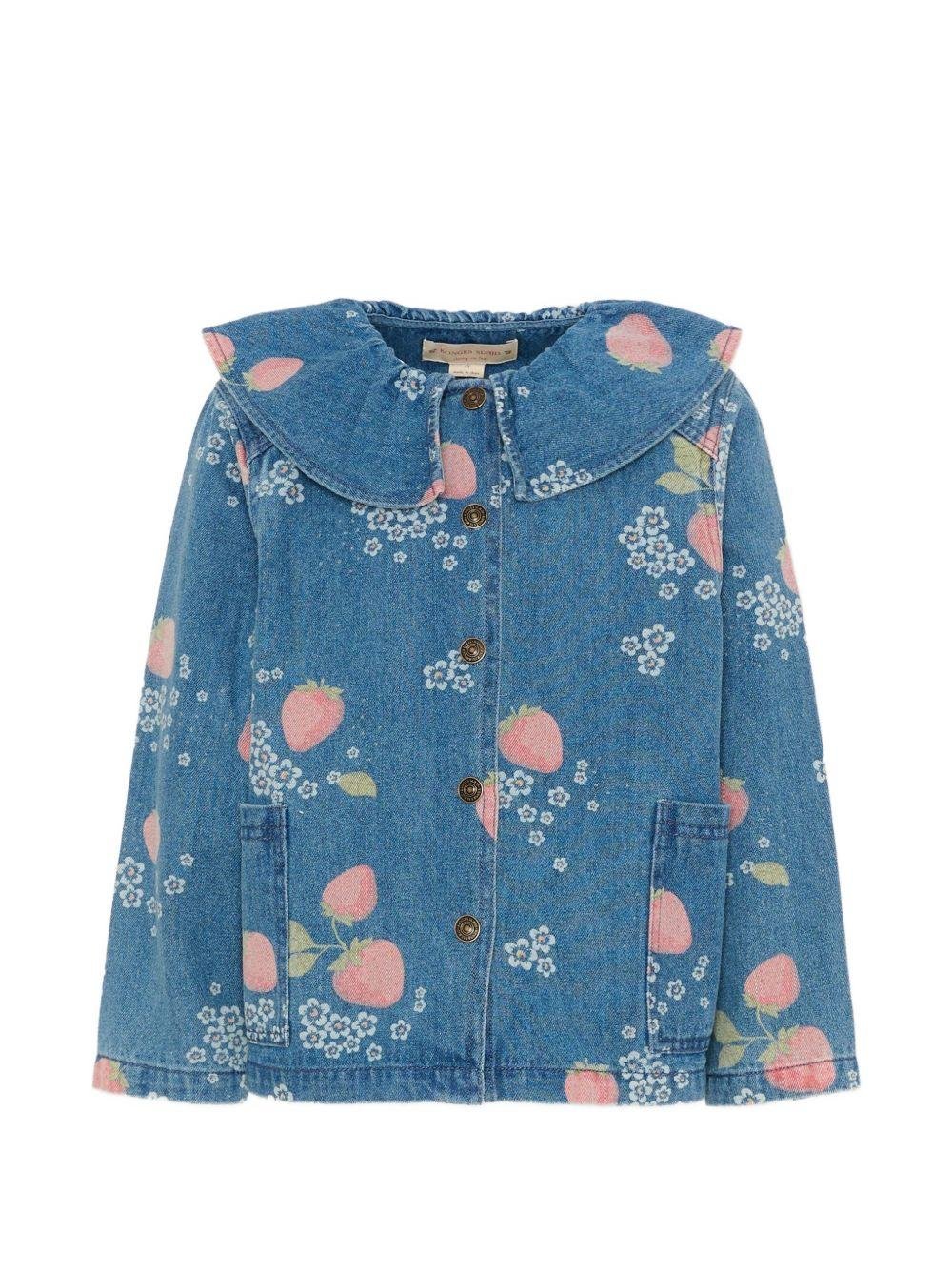 Giubbino per bambina Konges Sløjd denim con stampa fragole all - over - Rubino Kids