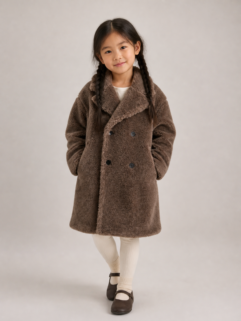 Cappotto per bambina Douuod Kids marrone con texture teddy DZ2P40 Z3949 347 DOUUOD KIDS