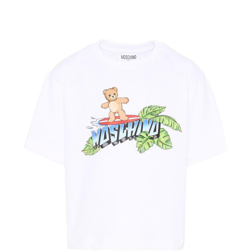 T-shirt per bambino Moschino Kids bianca con stampa logo sul davanti HUM05KLAA23 10101 MOSCHINO KIDS
