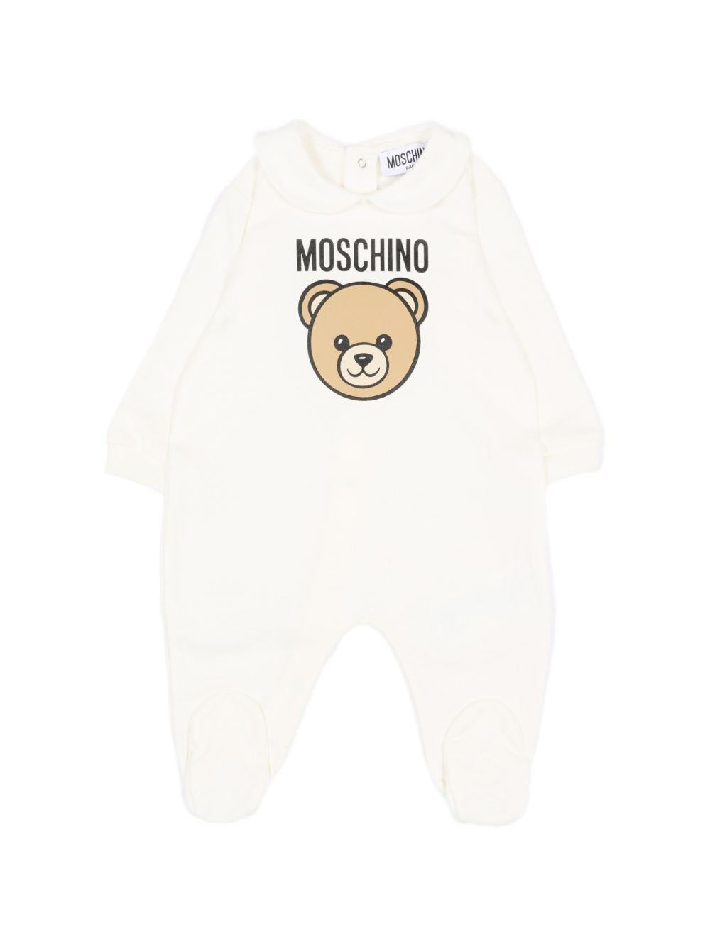 Set tutina, berretto e bavaglino per neonati Moschino Kids bianco con stampa Teddy Bear MUY09PLCA40 10063 MOSCHINO KIDS