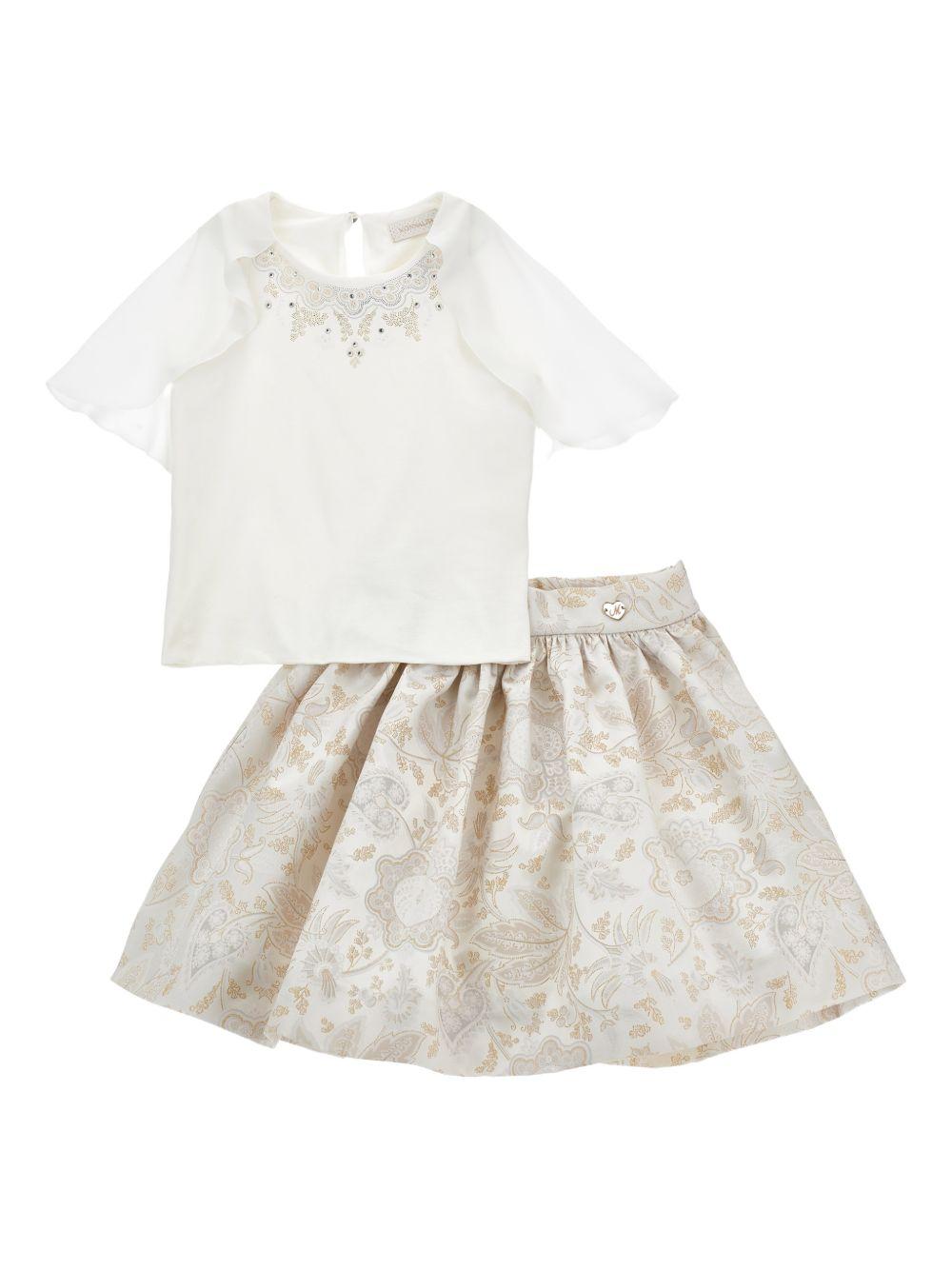 Set 2 pezzi per bambina Monnalisa beige con decorazione sullo scollo 71G502RM 7676 0170 MONNALISA KIDS