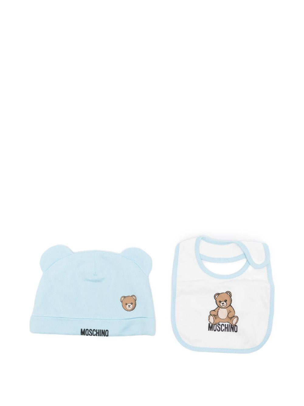 Set berretto e bavaglino per neonato Moschino Kids azzurro con motivo Teddy Bear MUY08LLCA40 40304 MOSCHINO KIDS