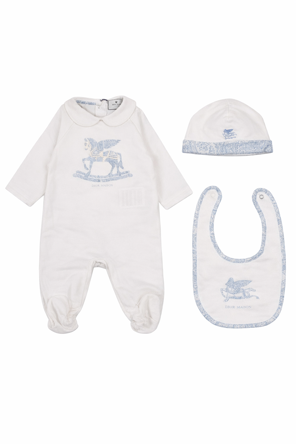 Set tre pezzi tutina, bavaglino e cappellino per neonato Etro Kids bianchi con stampa Pegaso GYB540 Z3672 102CE ETRO KIDS