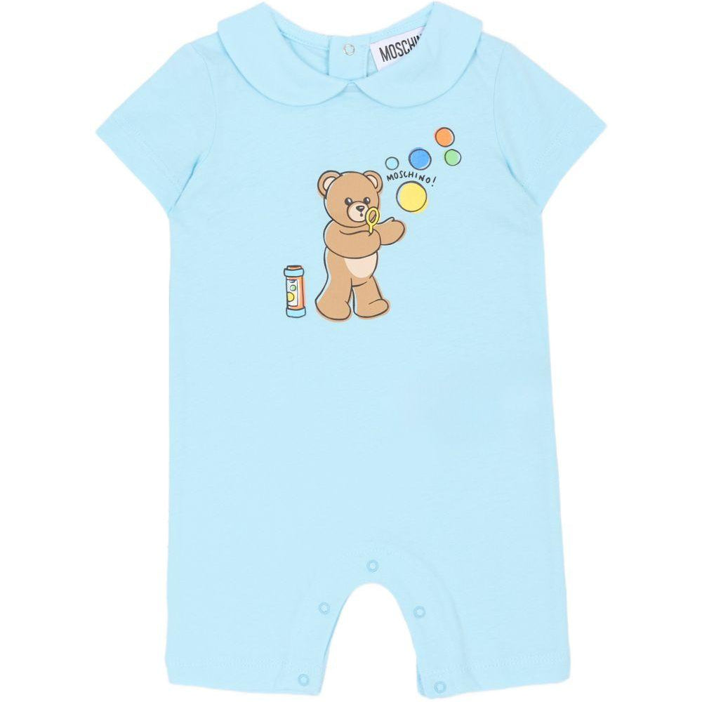 Tutina per neonati Moschino Kids azzurra con stampa grafica Orsetto con bolle di sapone MUT04MLAA03 40304 MOSCHINO KIDS