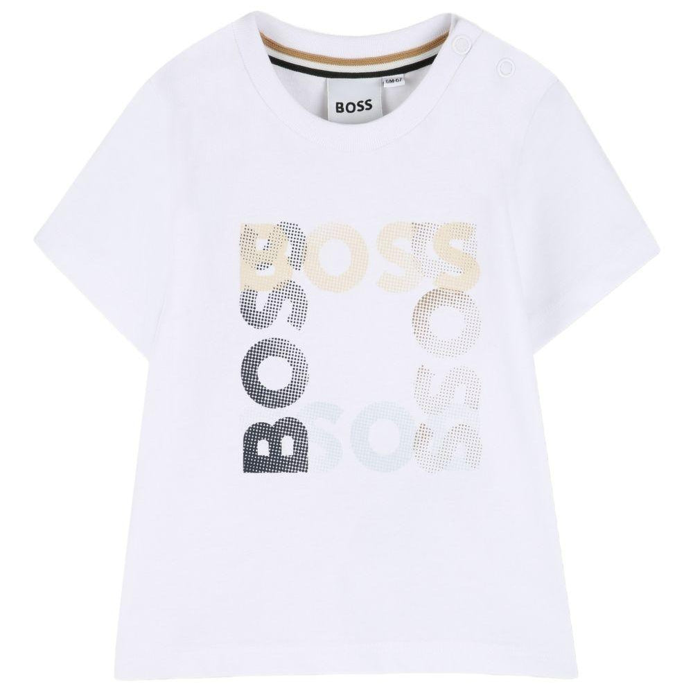 T-shirt per neonato Boss Kids bianca con stampa logo sul davanti J52882 10P BOSS KIDS