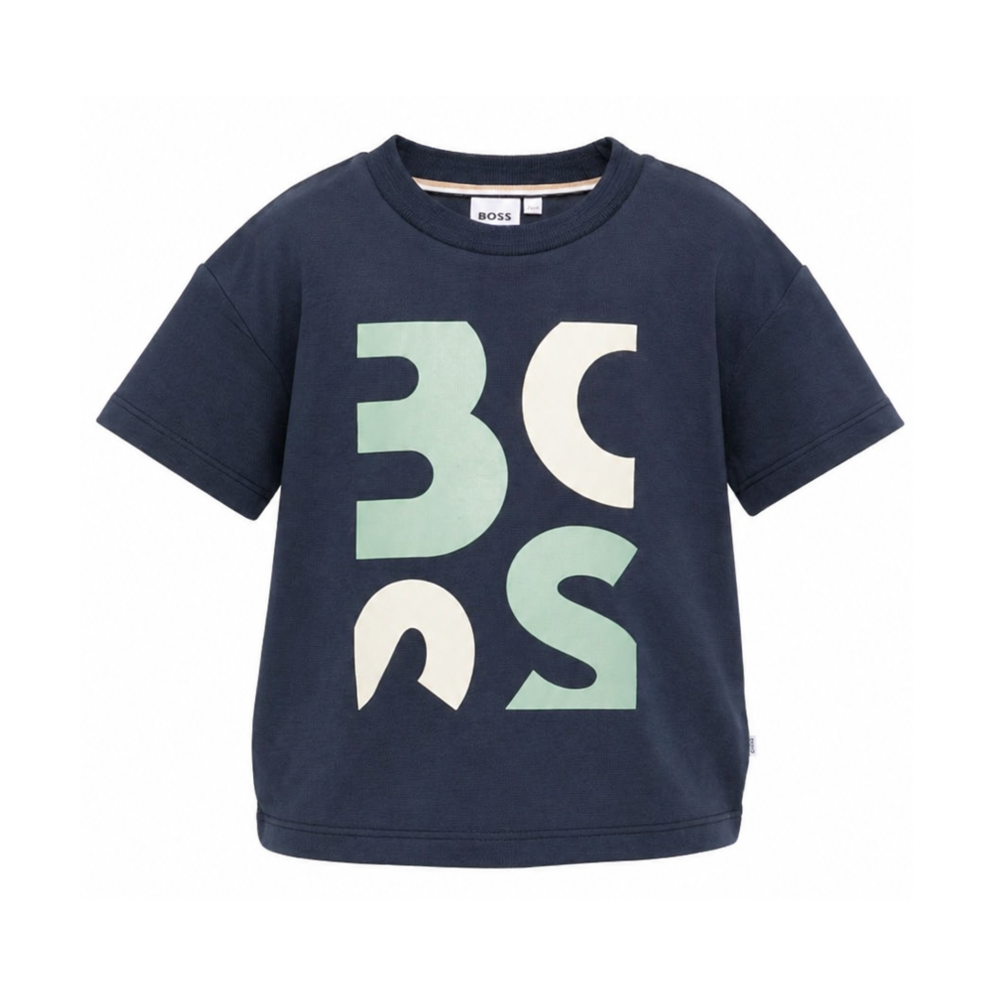 T-shirt per bambino Boss Kids blu con logo sul davanti J52990 849 BOSS KIDS