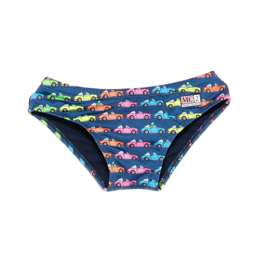 Slip da bagno per bambino MC2 Saint Barth Kids blu con stampa auto all-over BIL0001 02525L MC2 ST. BARTH KIDS