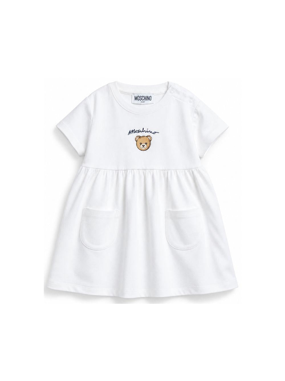 Abito per neonata Moschino Kids bianco con dettaglio orsetto MDV0DGLCA19 10101 MOSCHINO KIDS