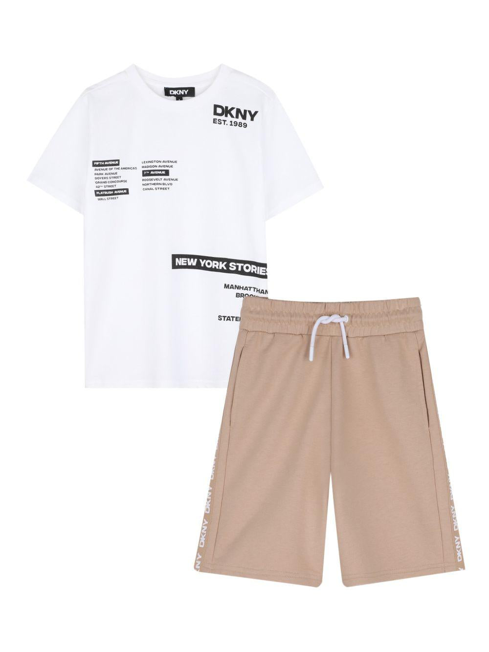 Set t-shirt e shorts per bambino Dkny Kids bianco e beige con stampa logo D62521 20P DKNY
