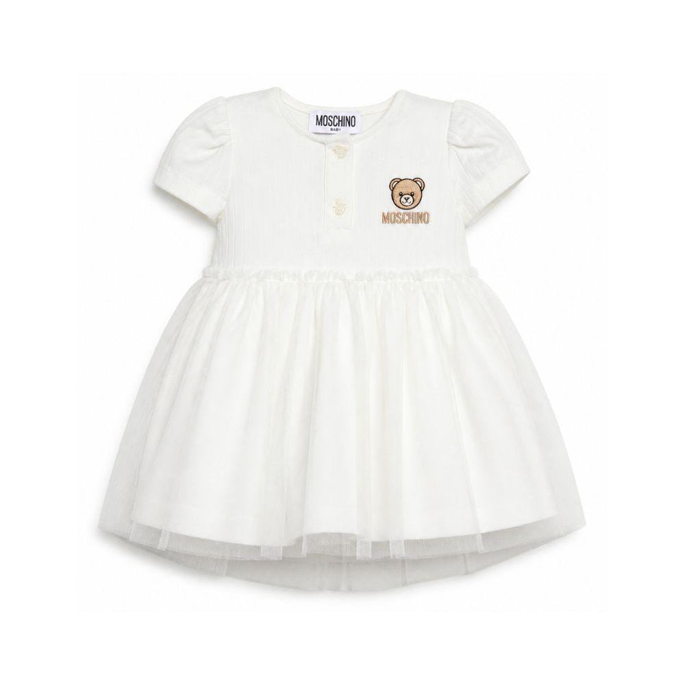 Abito per neonata Moschino Kids bianco con ricamo Teddy Bear MDV0DBLAA55 10063 MOSCHINO KIDS