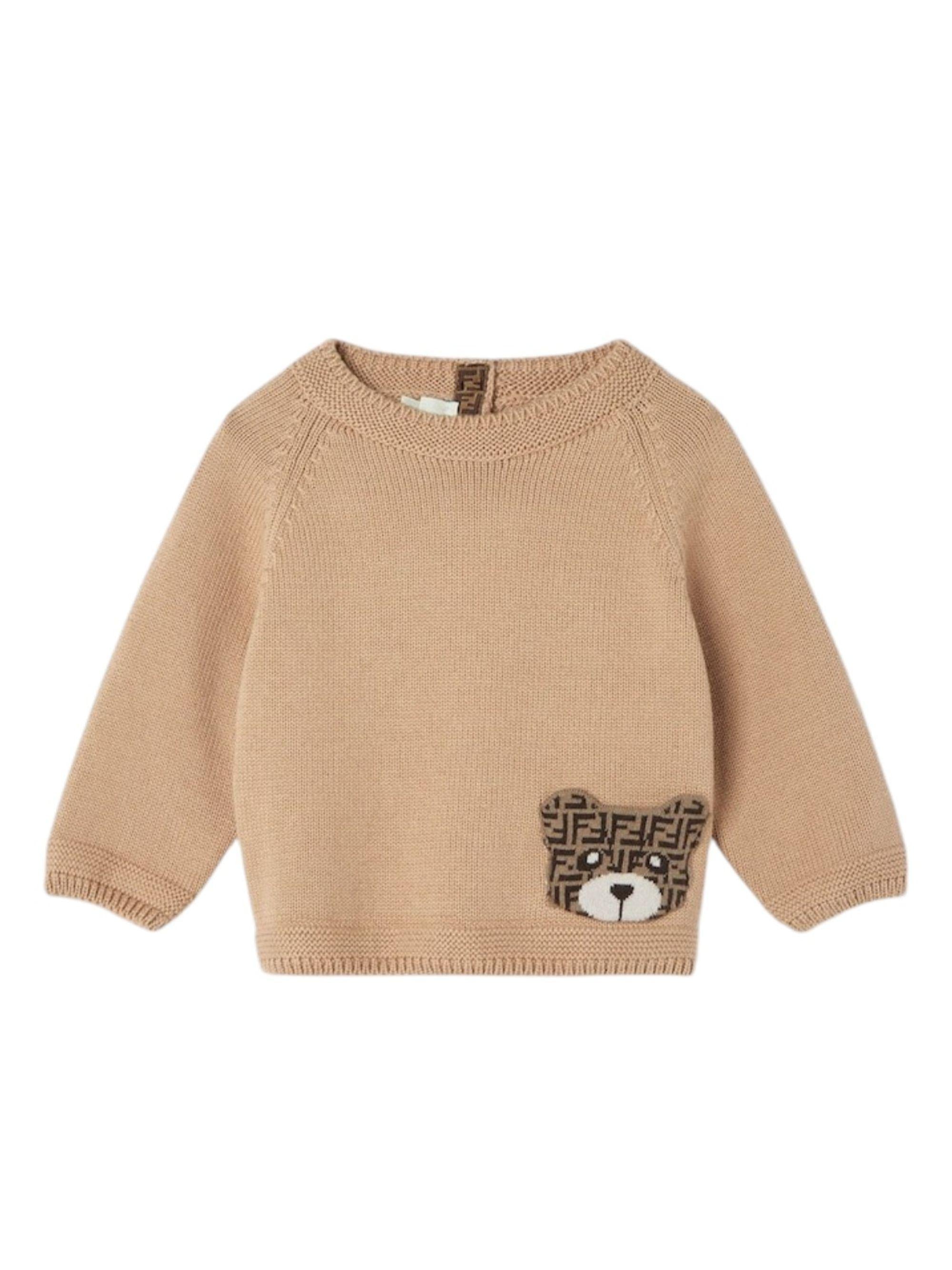Maglione per neonati Fendi Kids beige con ricamo orsetto sul davanti con logo FF BUG211 AVVZ F0QU5 FENDI KIDS