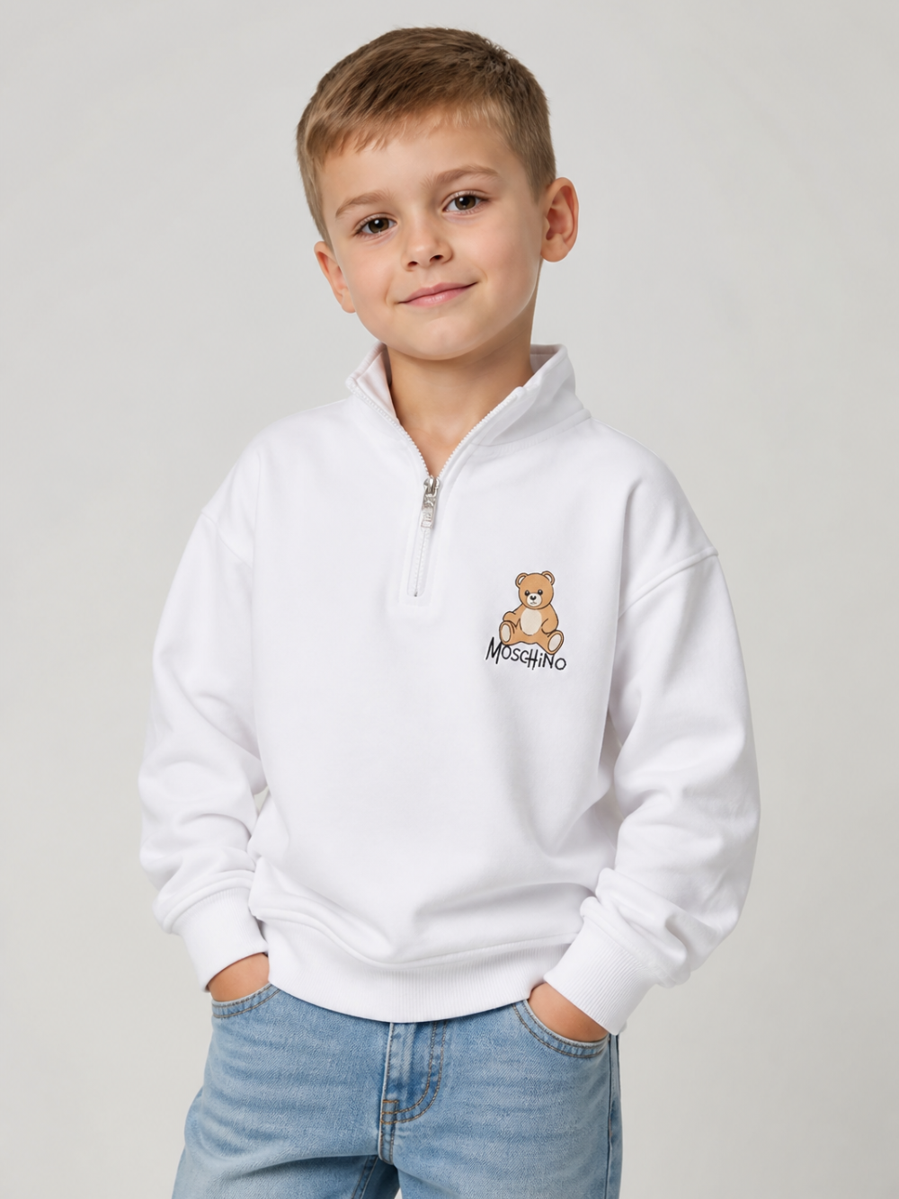 Felpa per bambino Moschino Kids bianca con mezza zip HUF0A0LCA94 10101 MOSCHINO KIDS